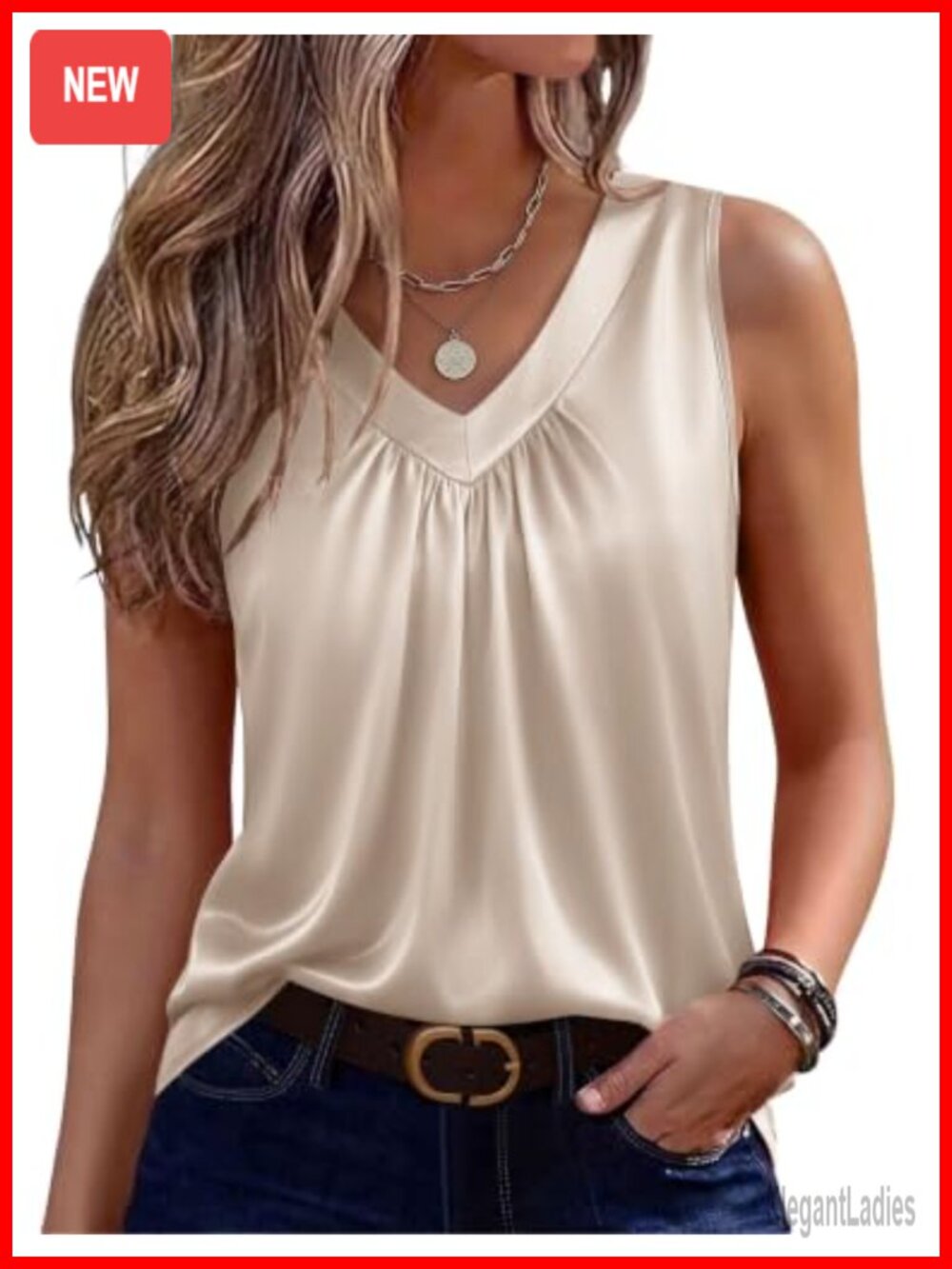 Satin Silk Tank Top Sleeveless V Neck Pleated Blouse Loose Fit